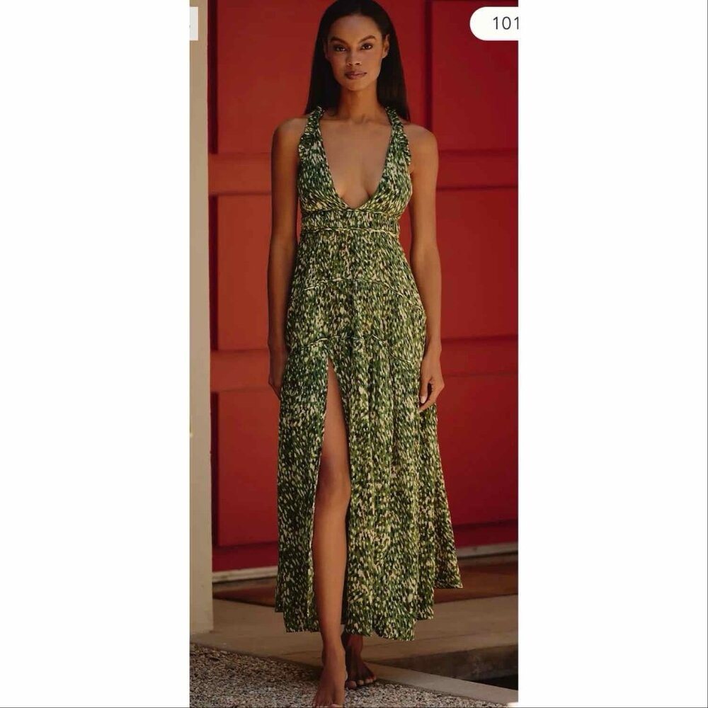 Anthropologie Celandine Sleeveless Plunge Midi Dress Green Leopard XS